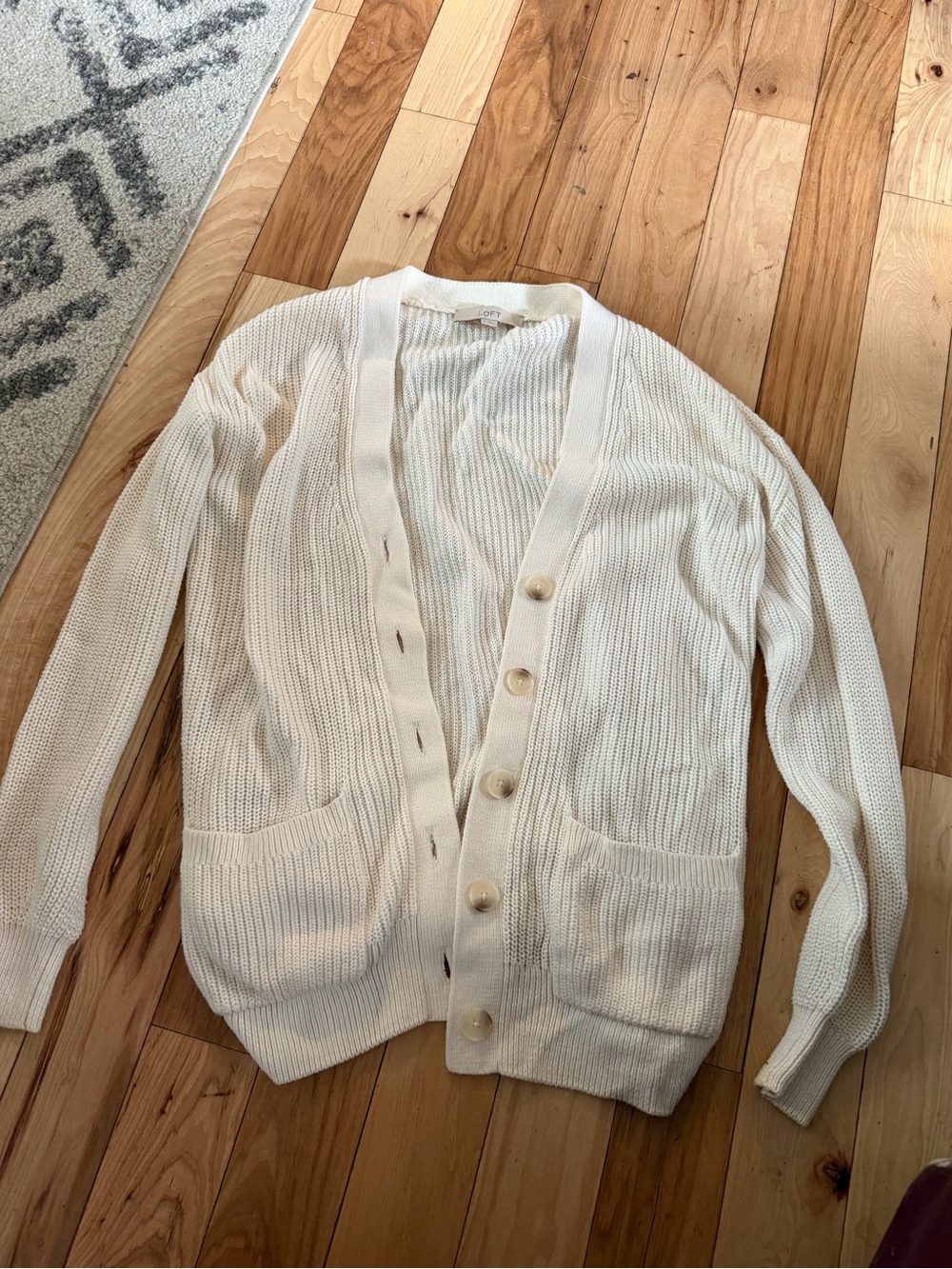 LOFT Cream Ribbed Button-Front Cardigan - Picture 2 of 5